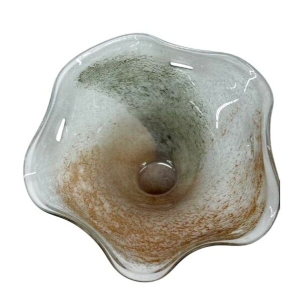 Handblown Glass Art Vase With Wavy Rim & Earth Tone Swirl Design - Picture 3 of 5